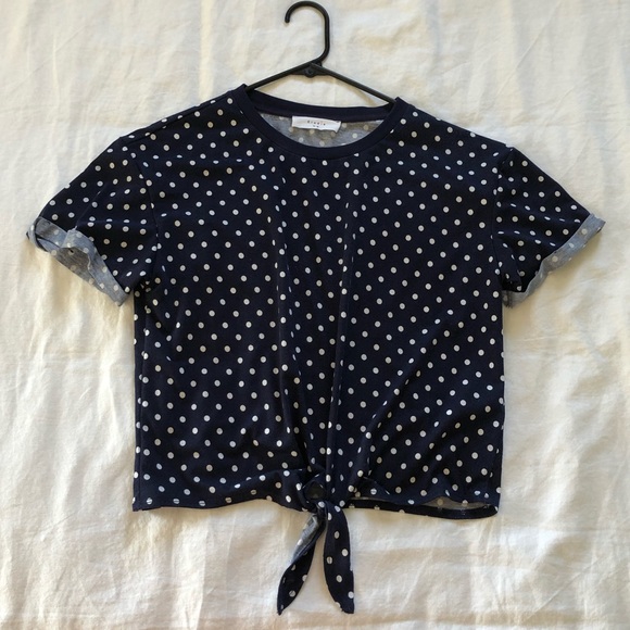 Elodie Polka Dot Tie Front Tee Size Medium - Blue and White. - Picture 1 of 4